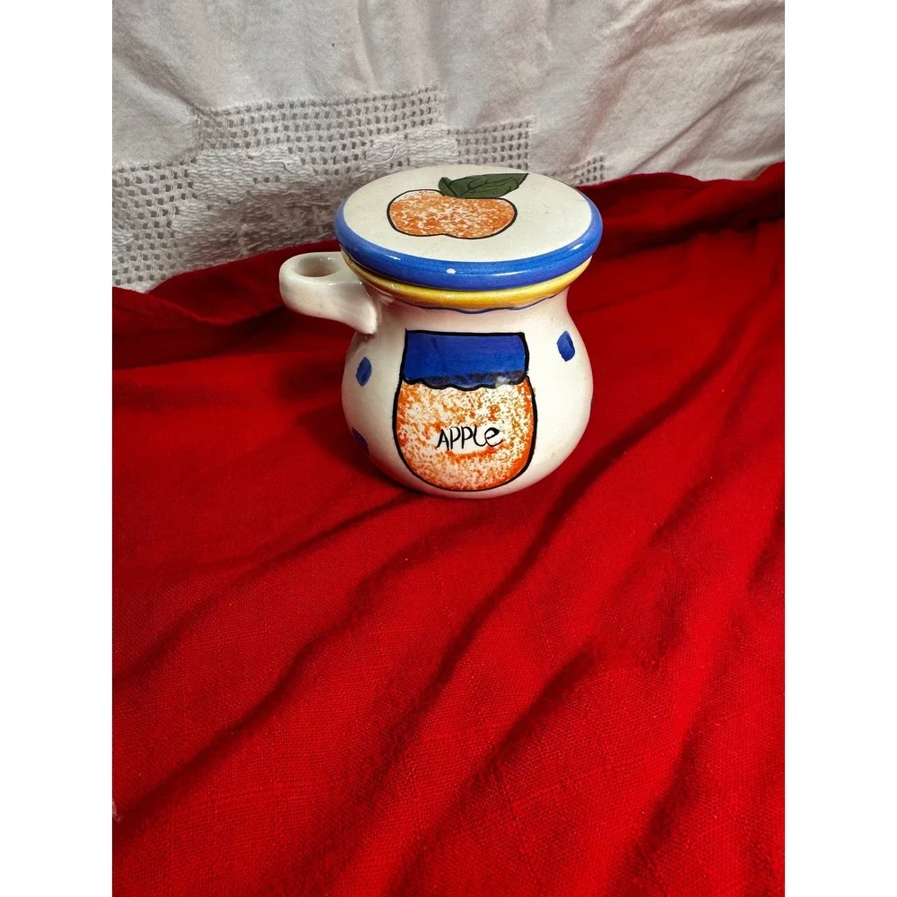 Vintage Hand Painted Ceramic Apple Jam Jar with Lid Blue Polka Dot Pottery